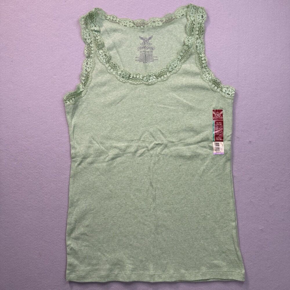 NWT Faded Glory Ribbed Tank Top XL 16/18 Mint Sage Green Lace Trim Cami Y2K